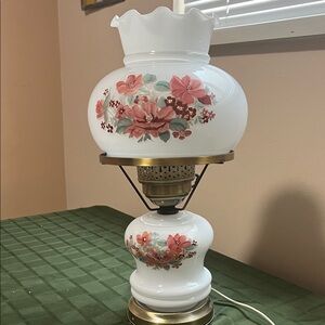 Vintage Hurricane Floral Glass Table Lamp with Pink Accents